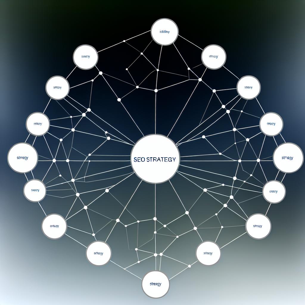 A spider web with interconnected nodes, each representing a different topic or keyword, with the center node labeled 