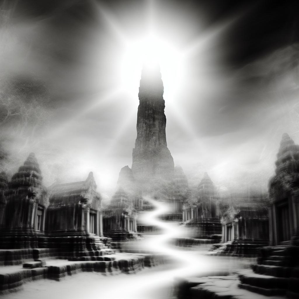 A towering pillar with a glowing light on top, surrounded by various paths leading upwards.