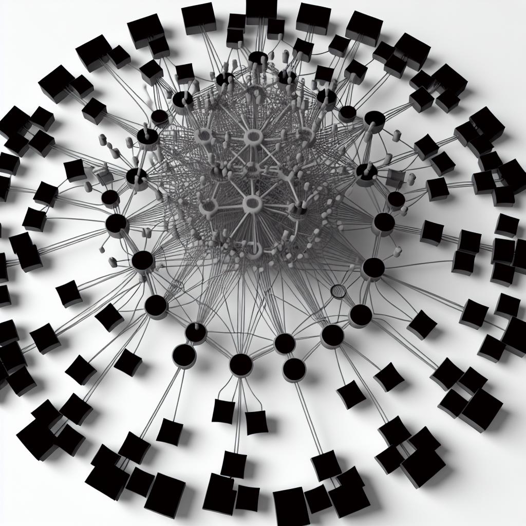 A web of interconnected topics with a central cluster radiating outwards, symbolizing the impact of using topic clusters for SEO strategy.